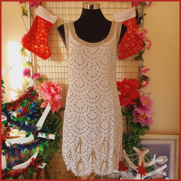 ALANNAH HILL | 100% Silk - Main & Lining | White Beaded Dress Sleeveless | AU 12 - Picture 4 of 15